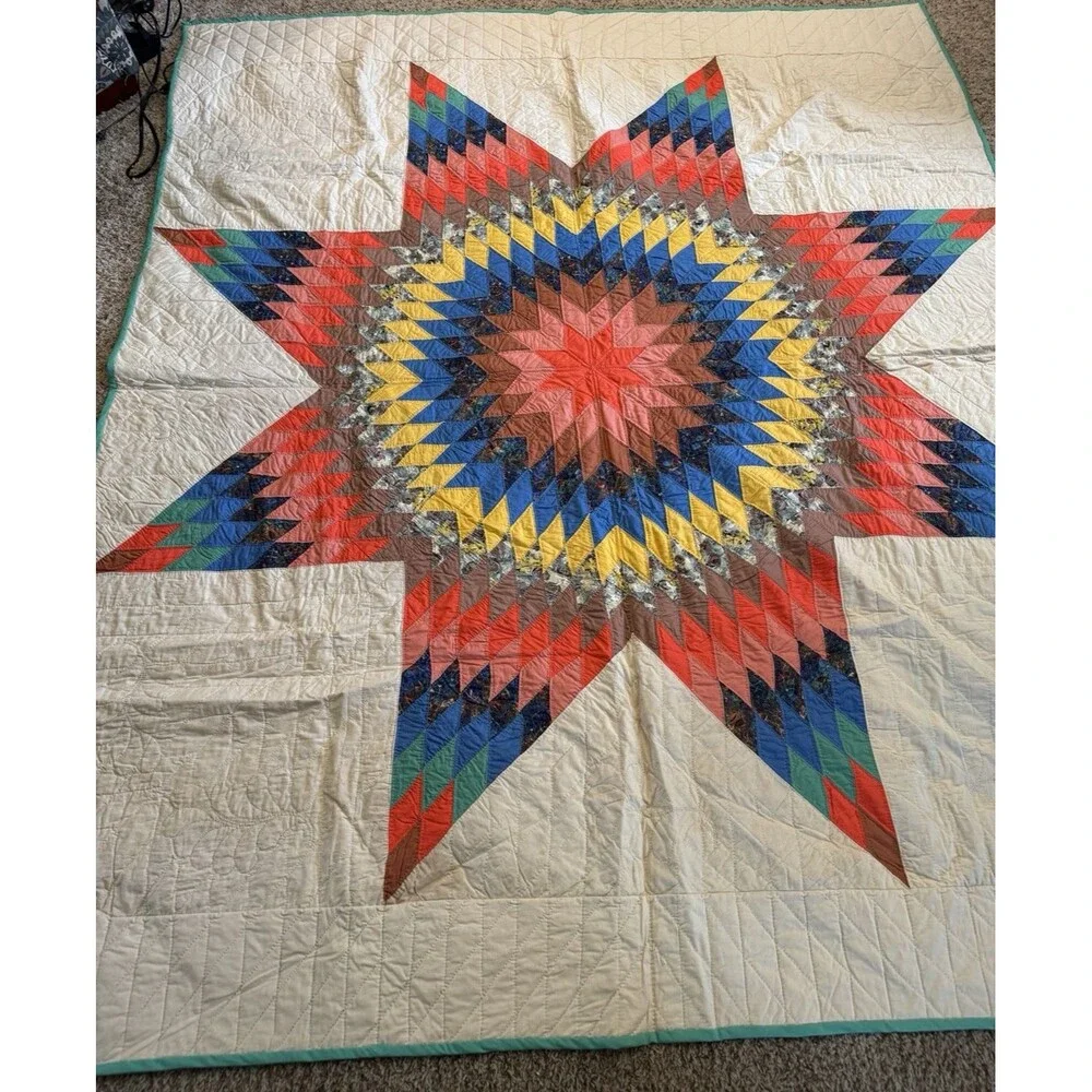 Vintage Handmade Lone Star Scrap Quilt Large Center Medallion Teal Border